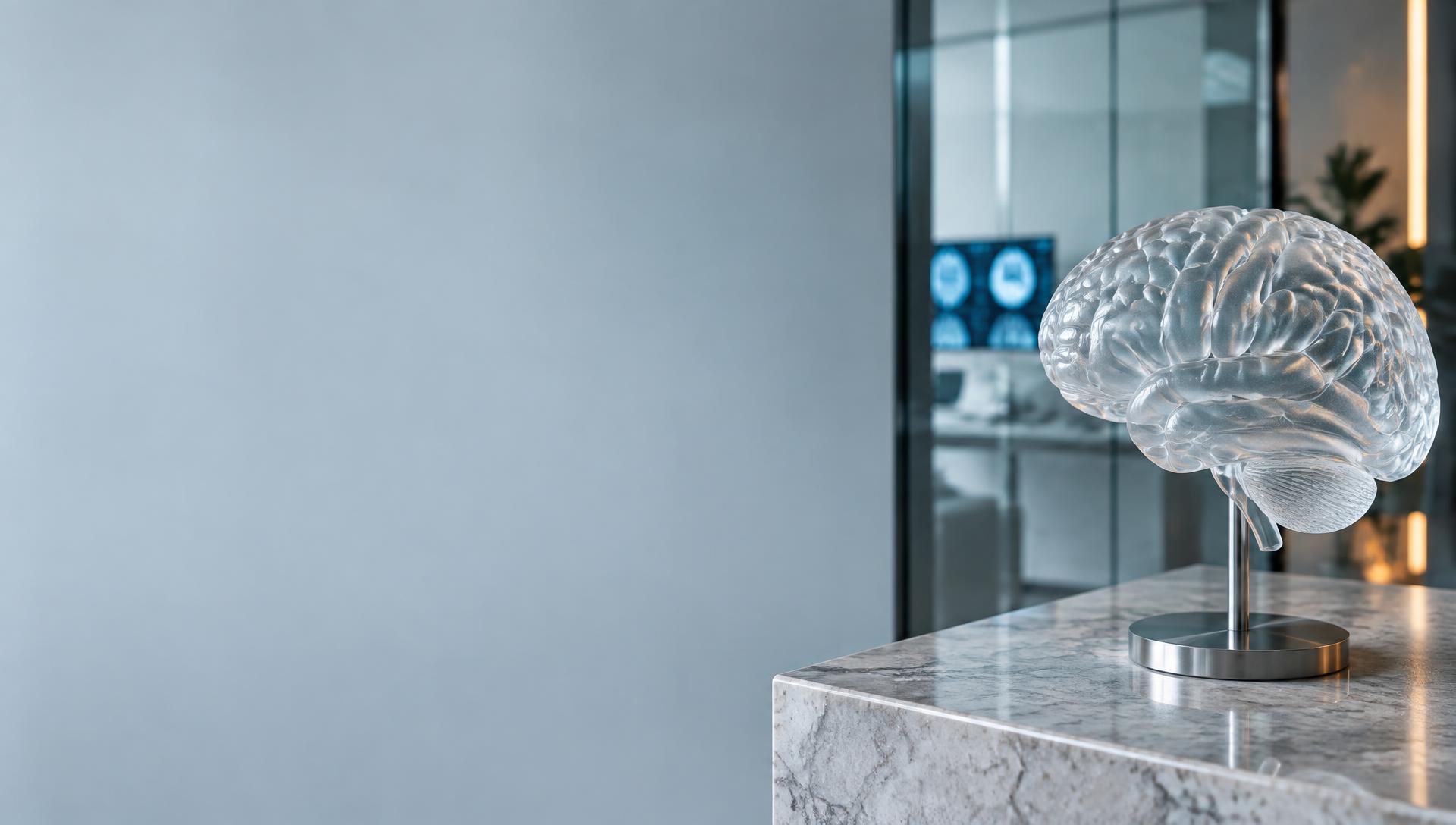 Escultura anatômica de um cérebro em um ambiente clínico contemporâneo